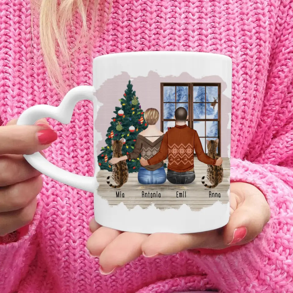 Personalisierte Tasse mit Pärchen und 2 Katzen - Weihnachtstasse