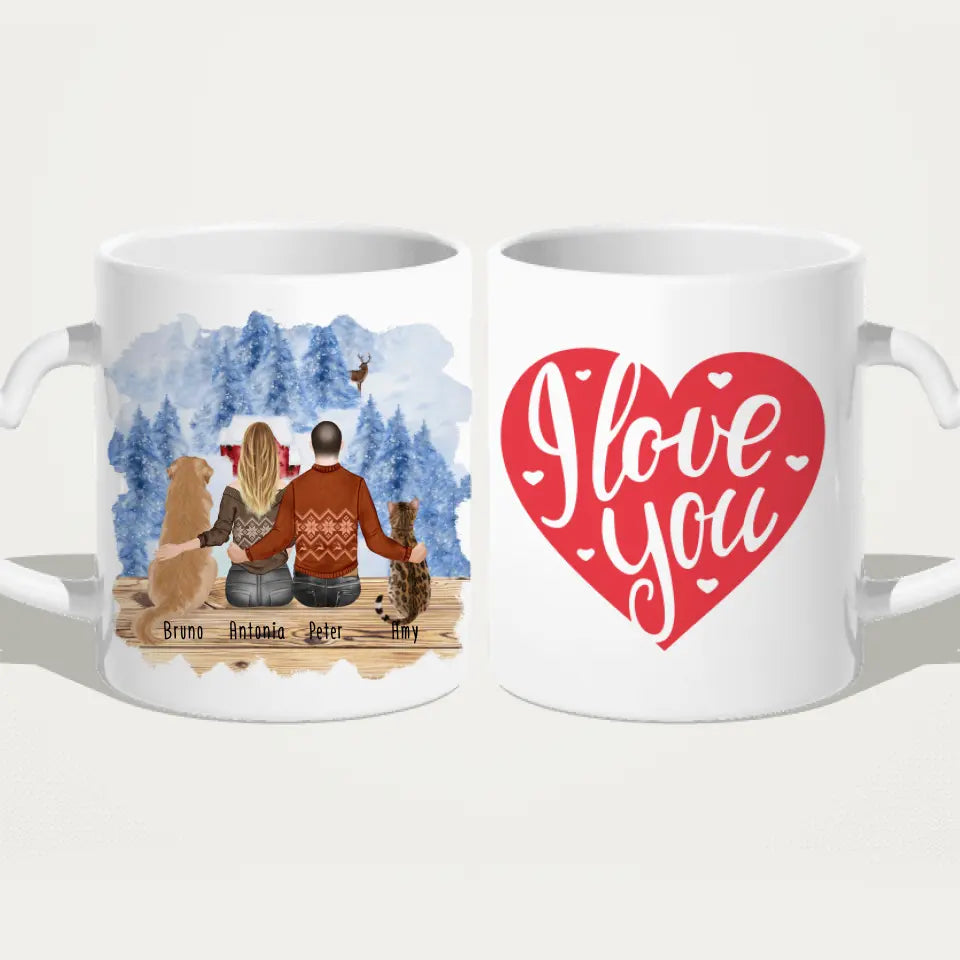 Personalisierte Tasse mit Pärchen und 1 Hund und 1 Katze - Weihnachtstasse