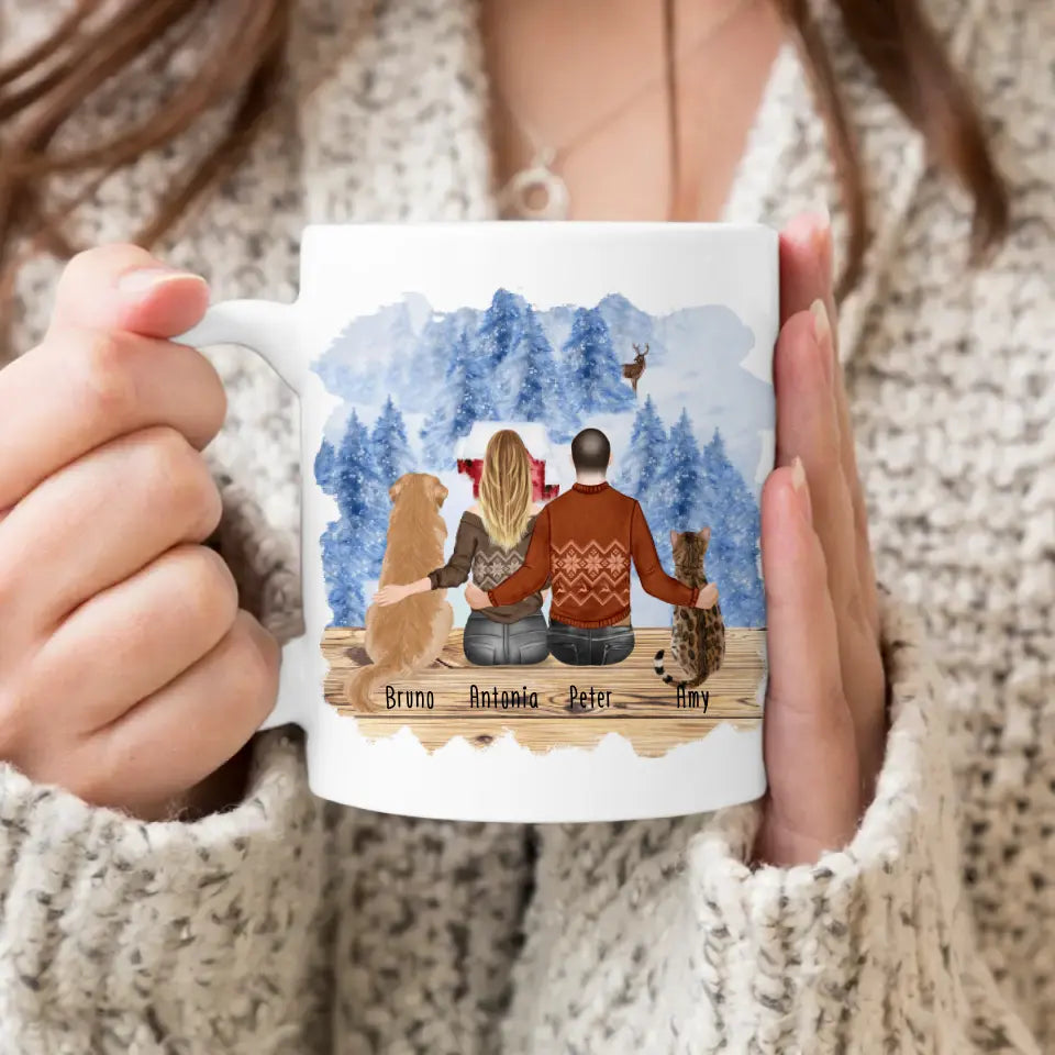 Personalisierte Tasse mit Pärchen und 1 Hund und 1 Katze - Weihnachtstasse