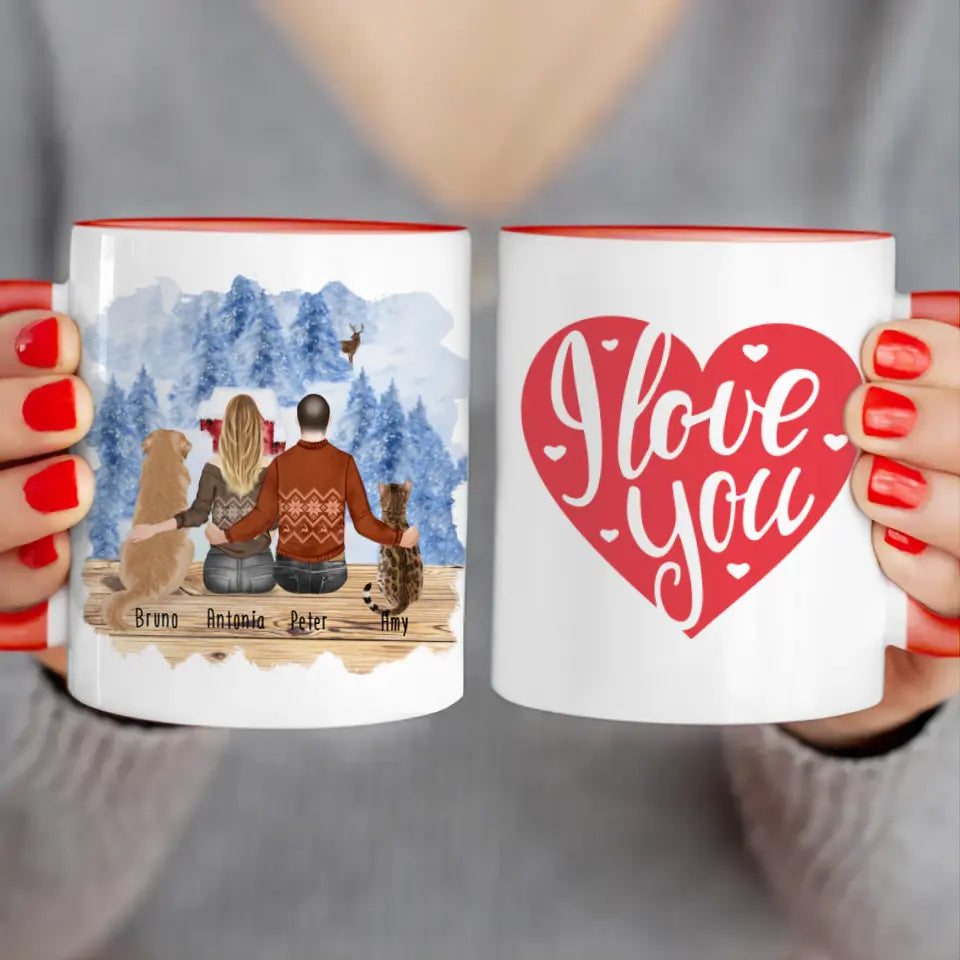 Personalisierte Tasse mit Pärchen und 1 Hund und 1 Katze - Weihnachtstasse