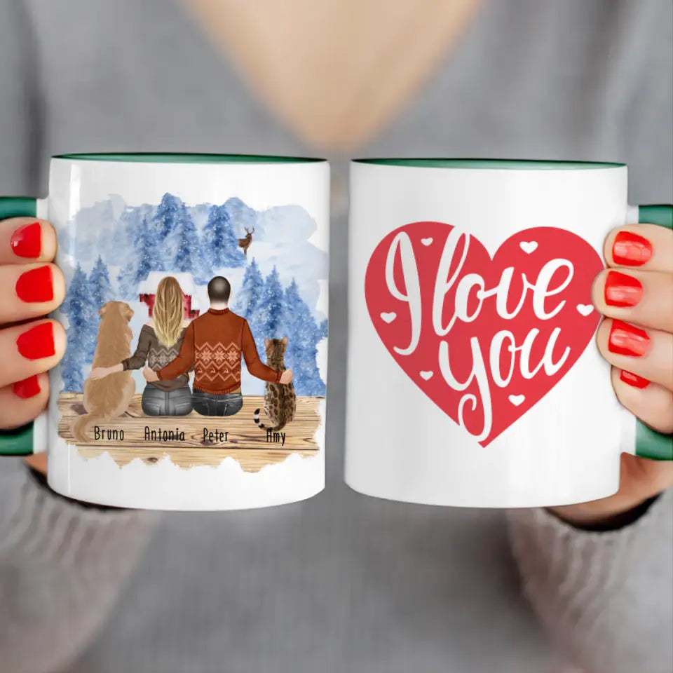 Personalisierte Tasse mit Pärchen und 1 Hund und 1 Katze - Weihnachtstasse