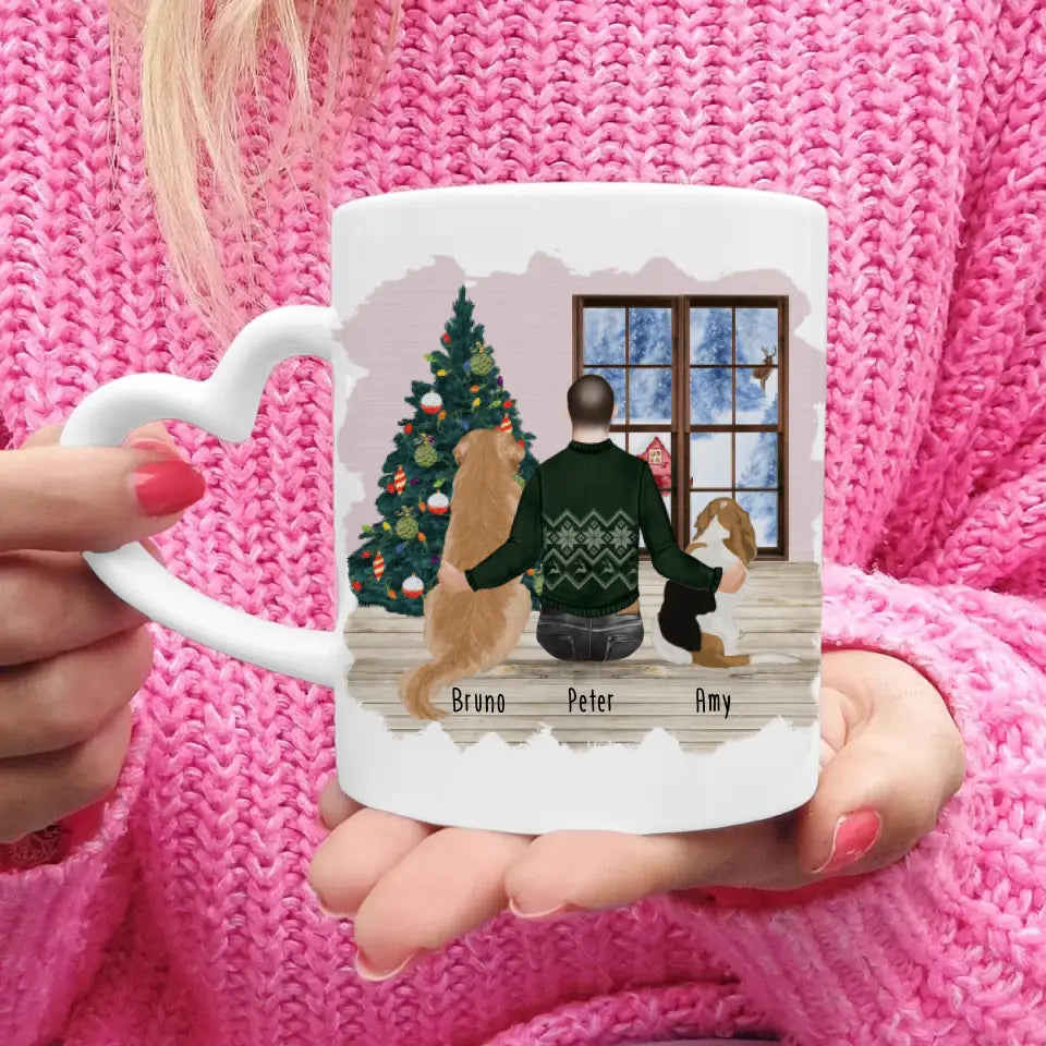 Personalisierte Tasse mit Hund und Mann (2 Hunde + 1 Mann) - Weihnachtstasse