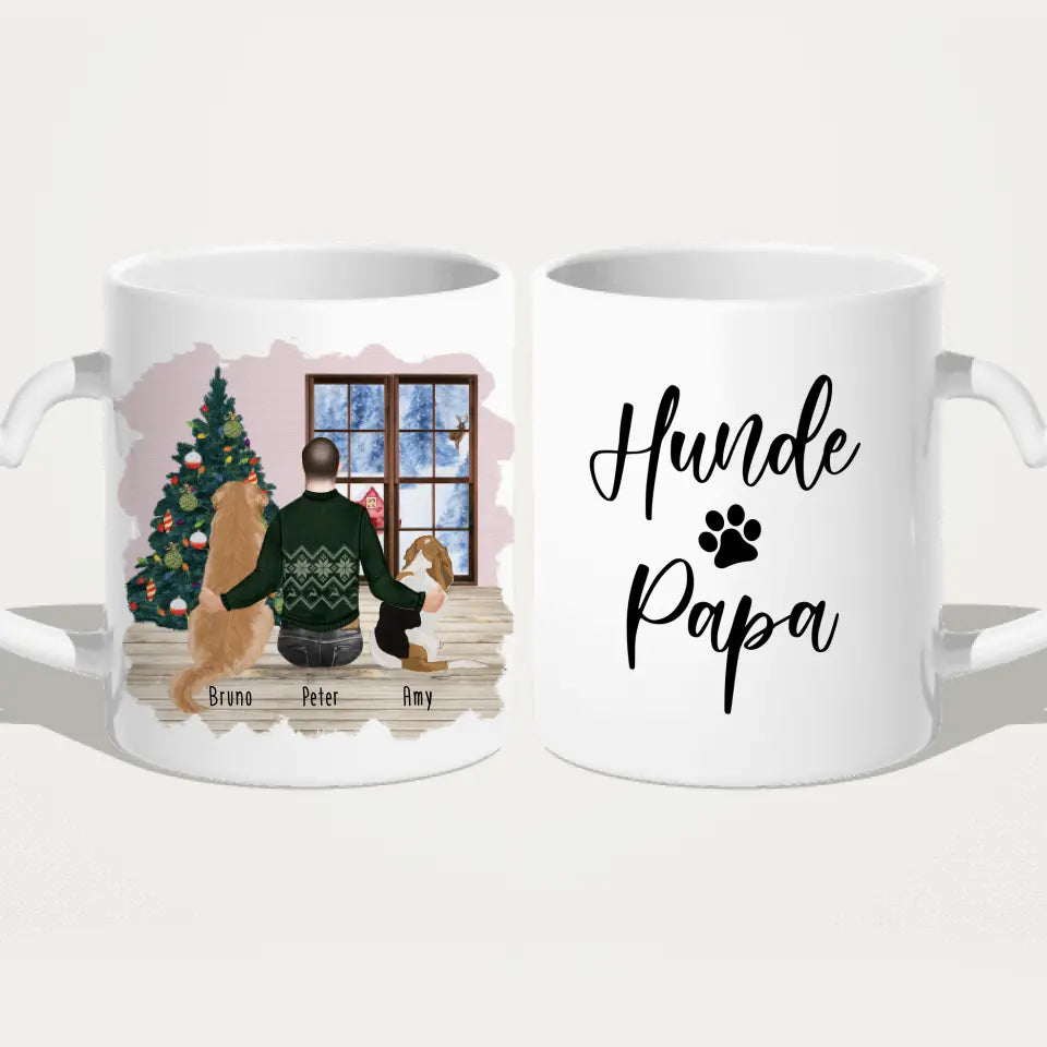 Personalisierte Tasse mit Hund und Mann (2 Hunde + 1 Mann) - Weihnachtstasse