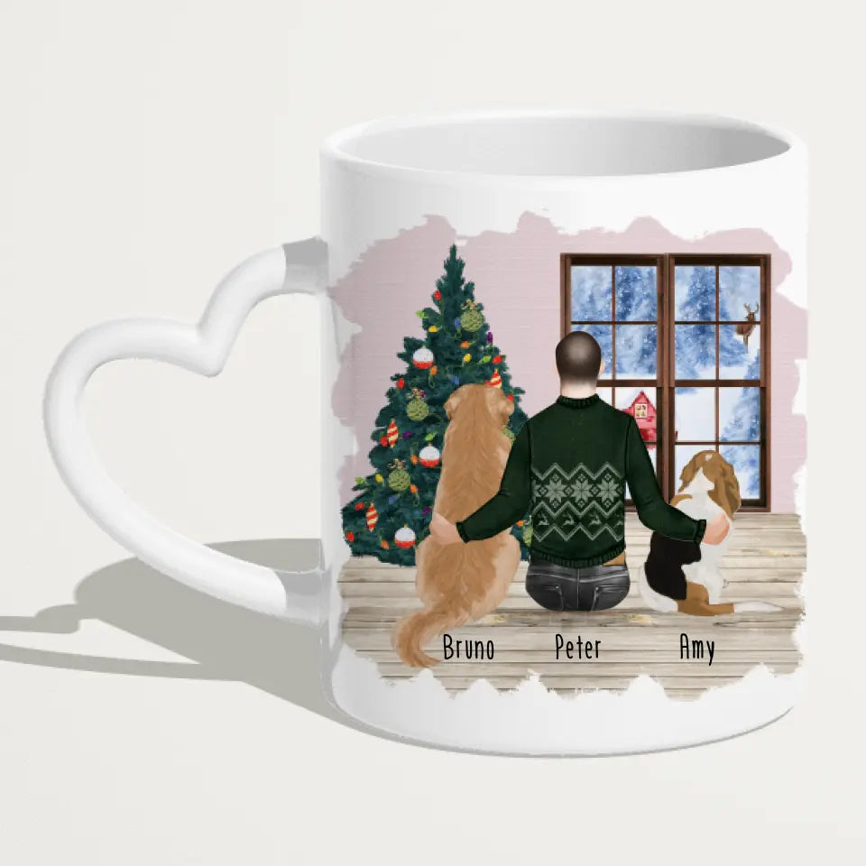 Personalisierte Tasse mit Hund und Mann (2 Hunde + 1 Mann) - Weihnachtstasse