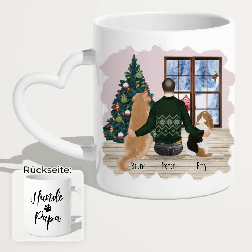 Personalisierte Tasse mit Hund und Mann (2 Hunde + 1 Mann) - Weihnachtstasse