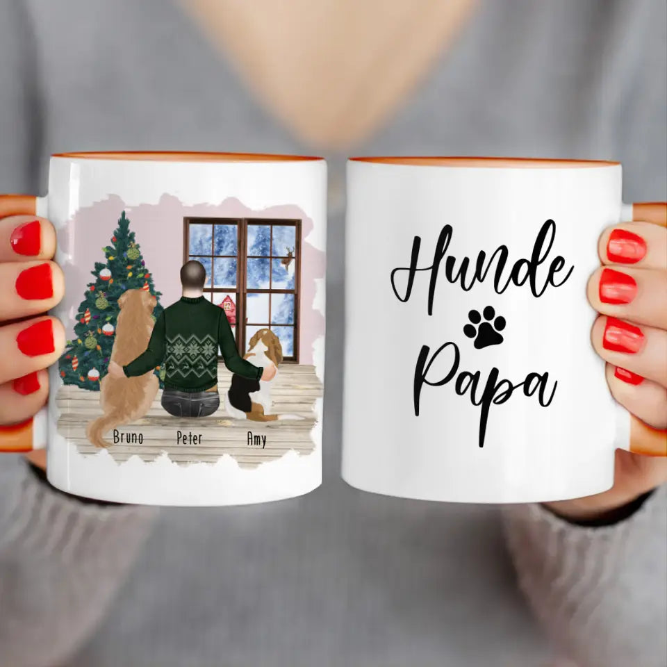 Personalisierte Tasse mit Hund und Mann (2 Hunde + 1 Mann) - Weihnachtstasse