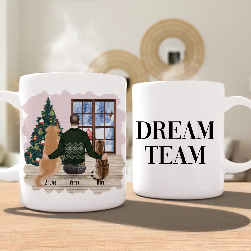 Personalisierte Tasse mit Hund, Katze und Mann (1 Hund + 1 Katze + 1 Mann) - Weihnachtstasse