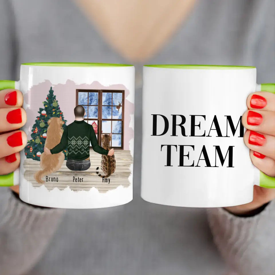 Personalisierte Tasse mit Hund, Katze und Mann (1 Hund + 1 Katze + 1 Mann) - Weihnachtstasse