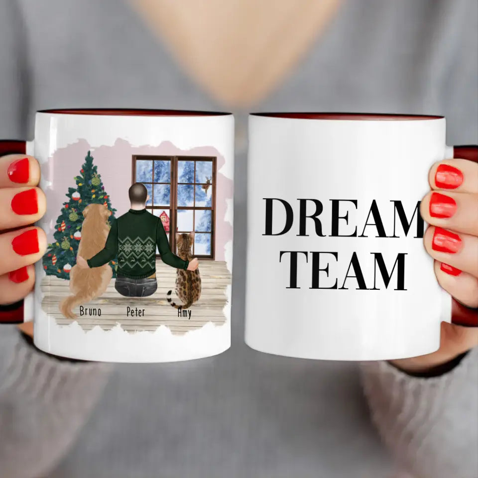 Personalisierte Tasse mit Hund, Katze und Mann (1 Hund + 1 Katze + 1 Mann) - Weihnachtstasse