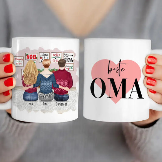 Personalisierte Tasse für Oma (1 Frau + 1 Mann + 1 Oma) - Weihnachtstasse