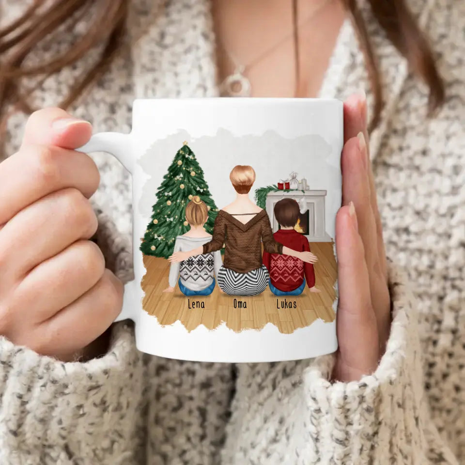 Personalisierte Tasse für Oma (2 Kinder + 1 Oma) - Weihnachtstasse