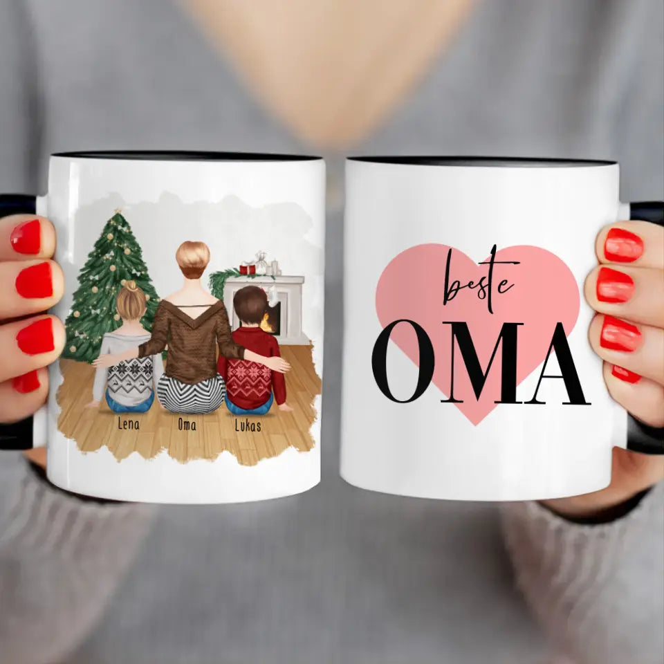 Personalisierte Tasse für Oma (2 Kinder + 1 Oma) - Weihnachtstasse