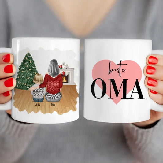 Personalisierte Tasse für Oma (1 Baby + 1 Oma) - Weihnachtstasse