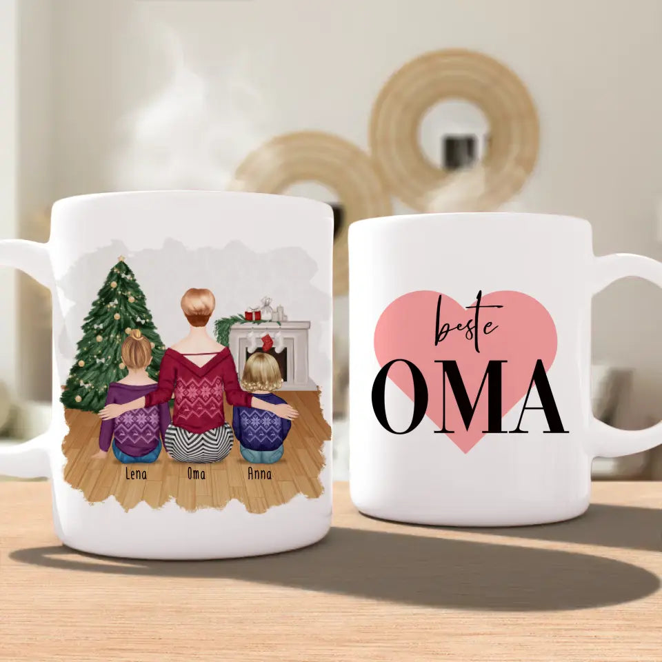 Personalisierte Tasse für Oma (1 Baby + 1 Kind + 1 Oma) - Weihnachtstasse