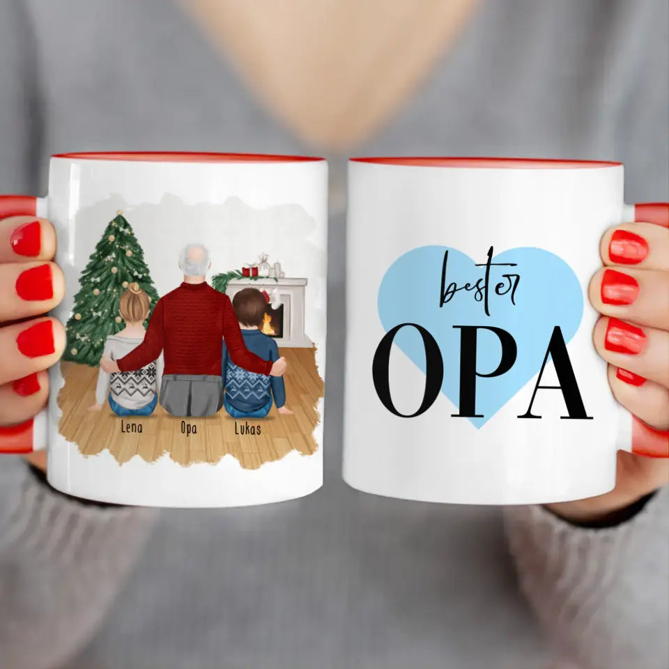 Personalisierte Tasse für Opa (2 Kinder + 1 Opa) - Weihnachtstasse