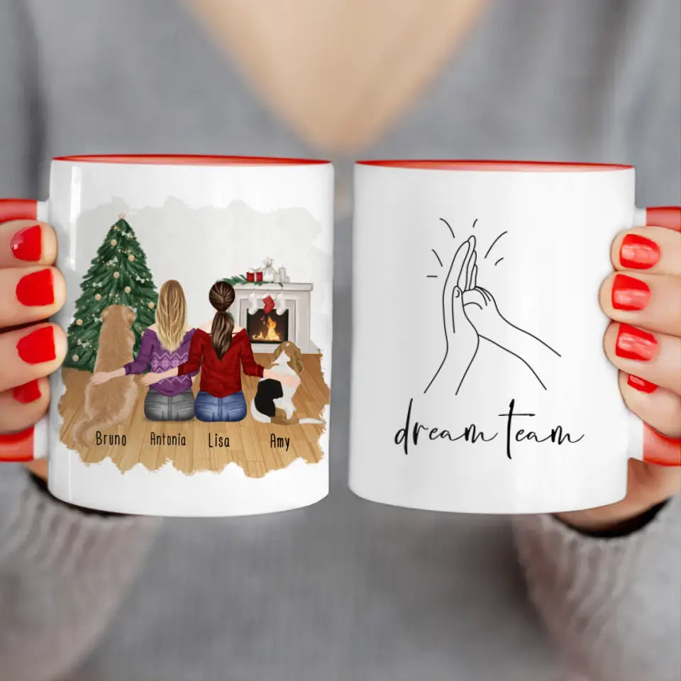 Personalisierte Tasse mit Hunden und Frauen (2 Hunde + 2 Frauen) - Weihnachtstasse