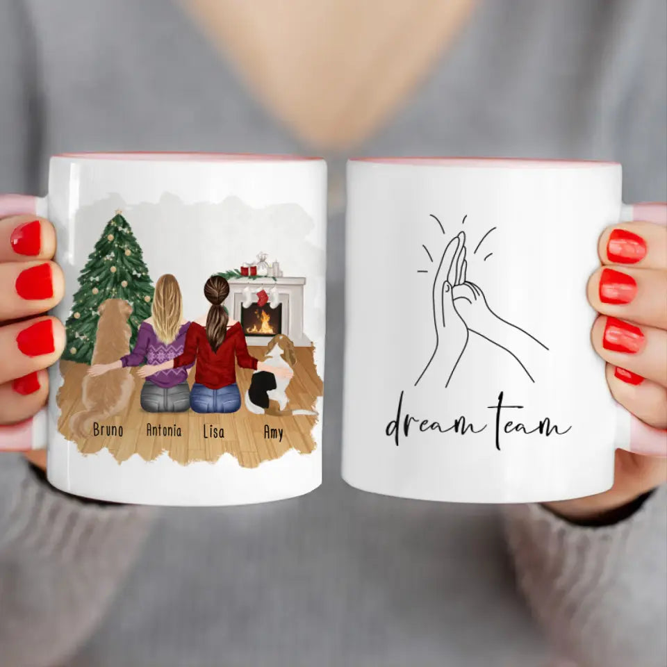 Personalisierte Tasse mit Hunden und Frauen (2 Hunde + 2 Frauen) - Weihnachtstasse