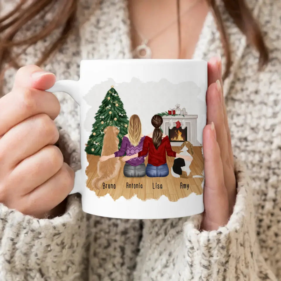 Personalisierte Tasse mit Hunden und Frauen (2 Hunde + 2 Frauen) - Weihnachtstasse