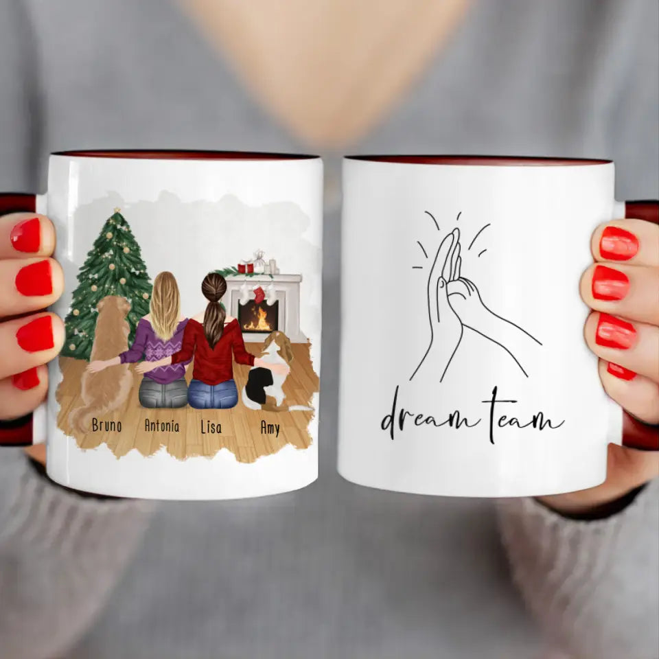 Personalisierte Tasse mit Hunden und Frauen (2 Hunde + 2 Frauen) - Weihnachtstasse