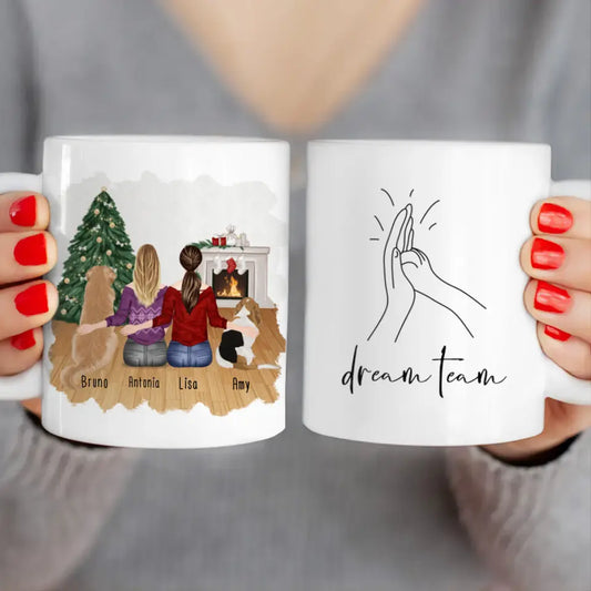 Personalisierte Tasse mit Hunden und Frauen (2 Hunde + 2 Frauen) - Weihnachtstasse