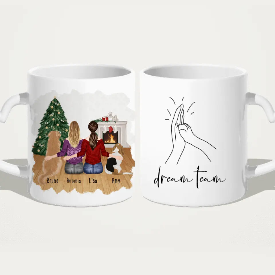 Personalisierte Tasse mit Hunden und Frauen (2 Hunde + 2 Frauen) - Weihnachtstasse