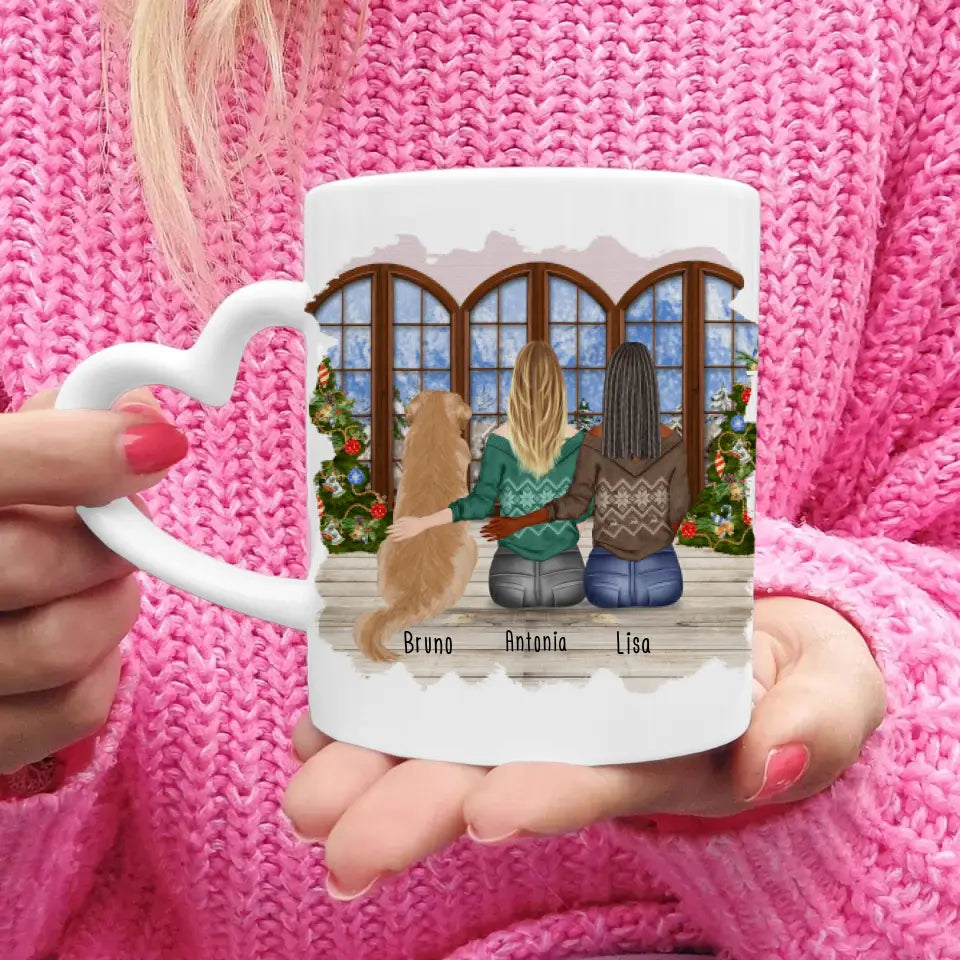 Personalisierte Tasse mit Hund und Frauen (1 Hund + 2 Frauen) - Weihnachtstasse