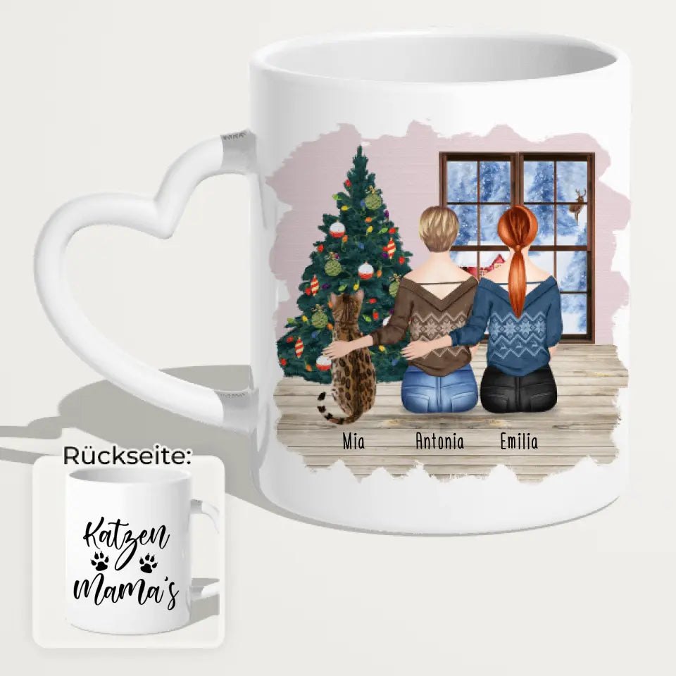 Personalisierte Tasse mit Katze und Frauen (1 Katze + 2 Frauen) - Weihnachtstasse