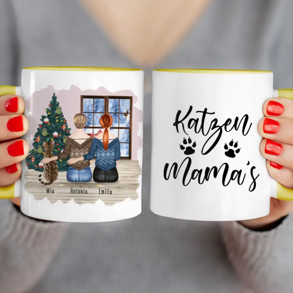 Personalisierte Tasse mit Katze und Frauen (1 Katze + 2 Frauen) - Weihnachtstasse