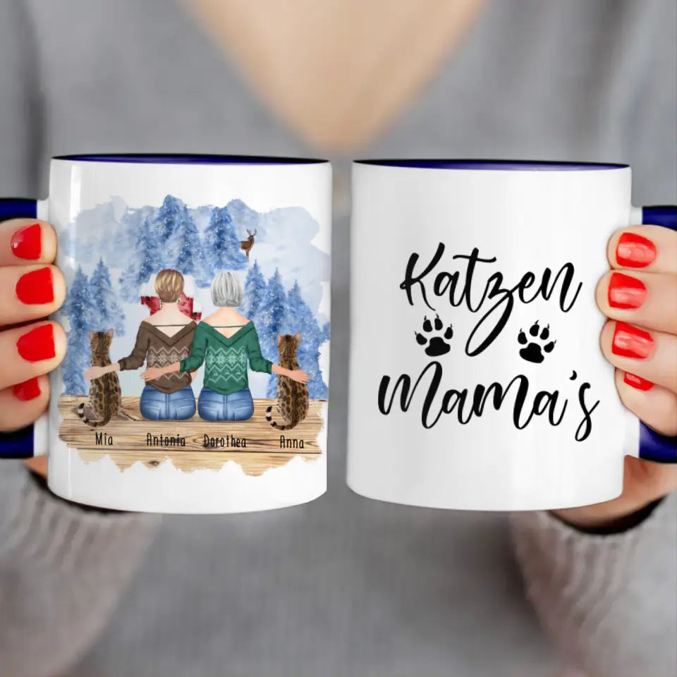 Personalisierte Tasse mit Katzen und Frauen (2 Katzen + 2 Frauen) - Weihnachtstasse