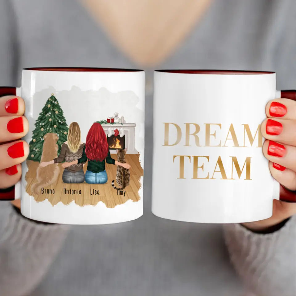 Personalisierte Tasse mit Hund, Katze und Frauen (1 Hund + 1 Katze + 2 Frauen) - Weihnachtstasse