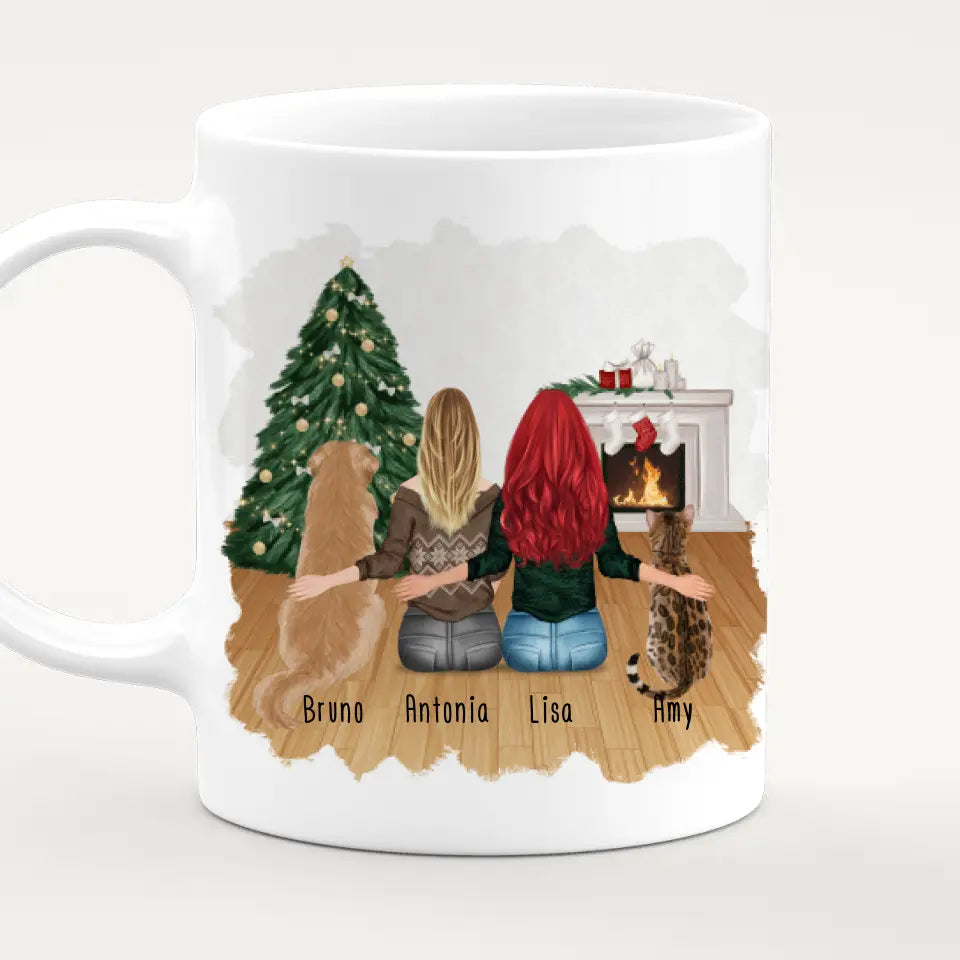 Personalisierte Tasse mit Hund, Katze und Frauen (1 Hund + 1 Katze + 2 Frauen) - Weihnachtstasse