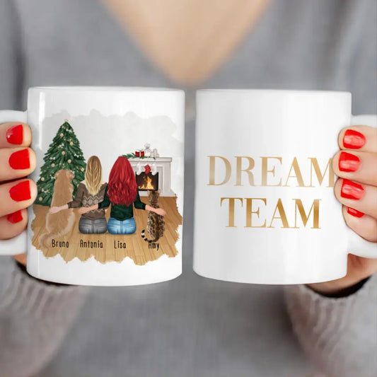 Personalisierte Tasse mit Hund, Katze und Frauen (1 Hund + 1 Katze + 2 Frauen) - Weihnachtstasse