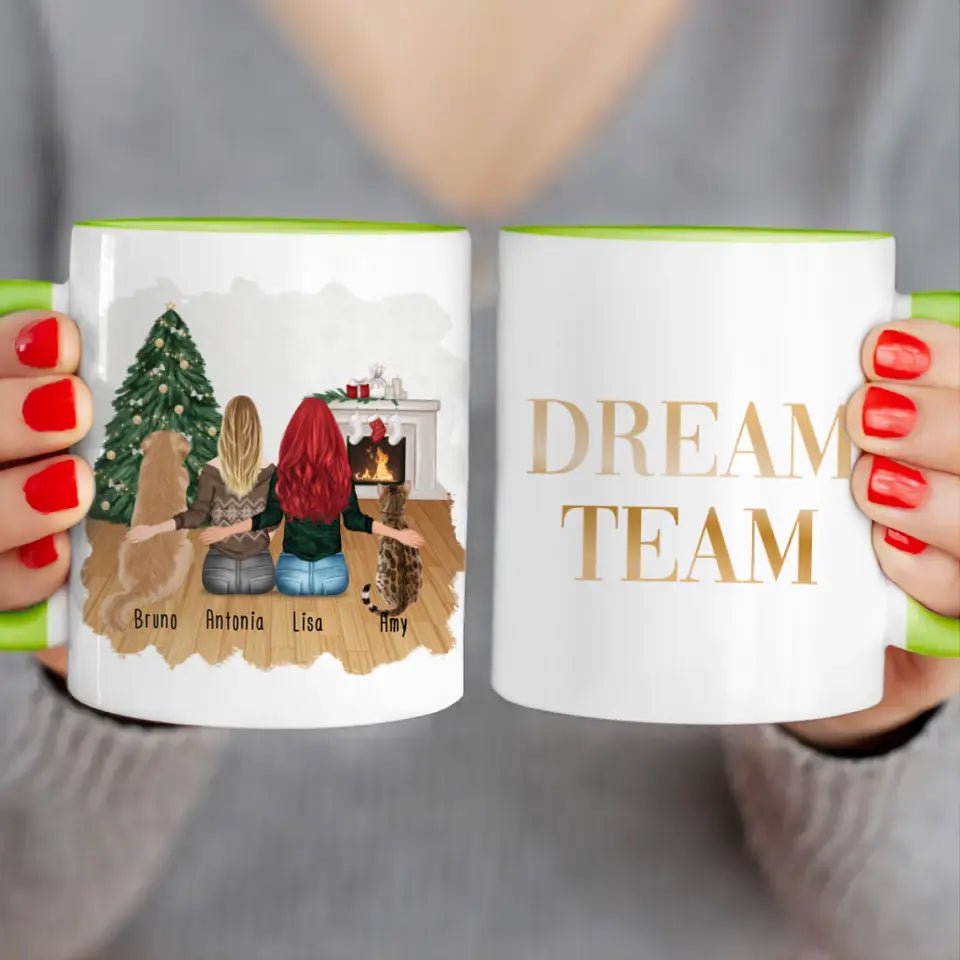 Personalisierte Tasse mit Hund, Katze und Frauen (1 Hund + 1 Katze + 2 Frauen) - Weihnachtstasse