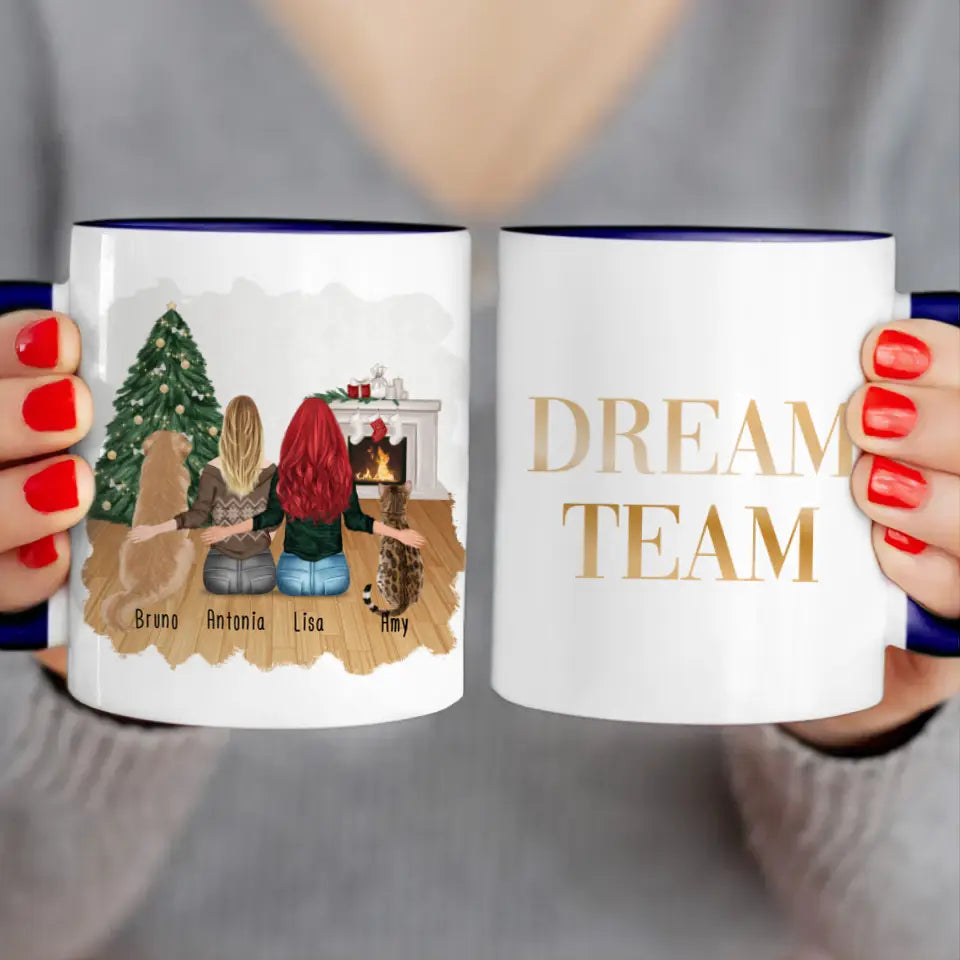 Personalisierte Tasse mit Hund, Katze und Frauen (1 Hund + 1 Katze + 2 Frauen) - Weihnachtstasse