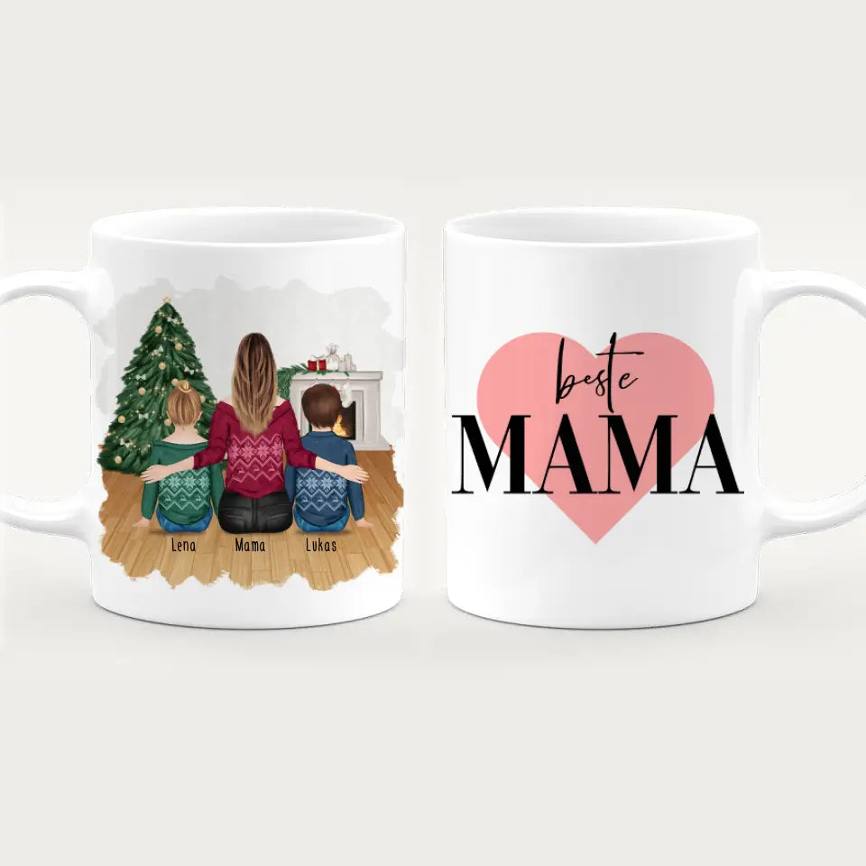 Personalisierte Tasse mit Mutter und Kindern (2 Kinder + 1 Mutter) - Weihnachtstasse