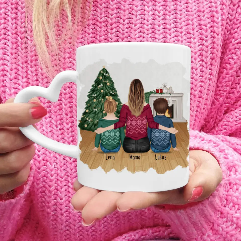 Personalisierte Tasse mit Mutter und Kindern (2 Kinder + 1 Mutter) - Weihnachtstasse