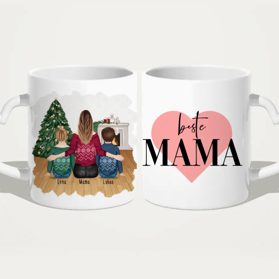 Personalisierte Tasse mit Mutter und Kindern (2 Kinder + 1 Mutter) - Weihnachtstasse