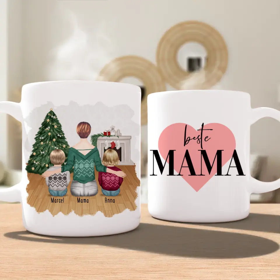 Personalisierte Tasse mit Mutter und Kindern (2 Kinder + 1 Mutter) - Weihnachtstasse