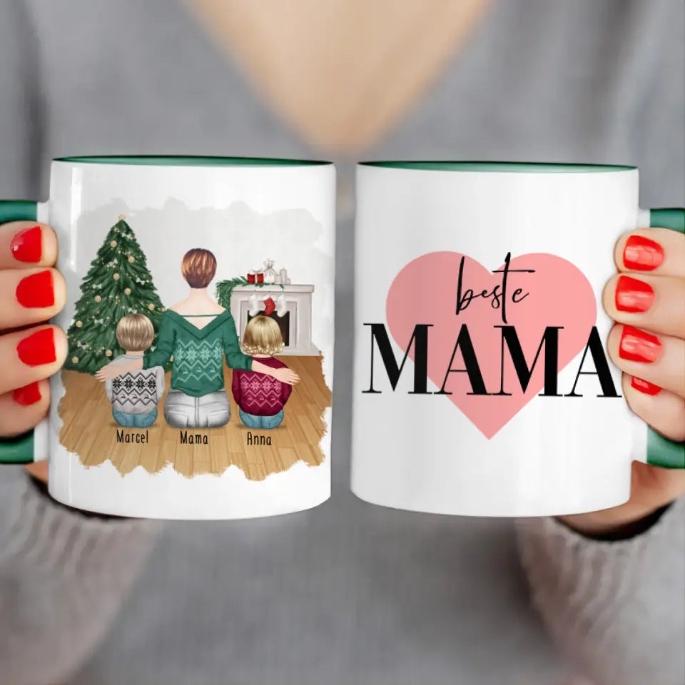 Personalisierte Tasse mit Mutter und Kindern (2 Kinder + 1 Mutter) - Weihnachtstasse