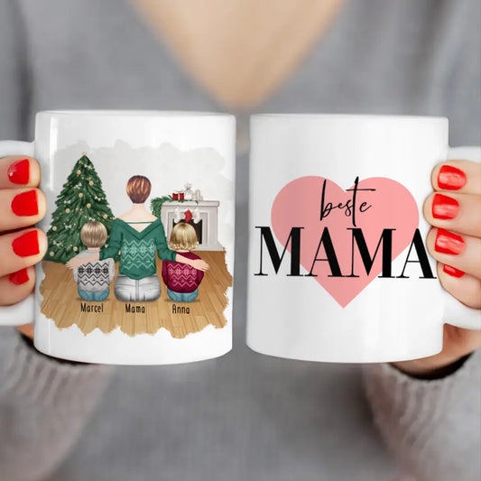 Personalisierte Tasse mit Mutter und Kindern (2 Kinder + 1 Mutter) - Weihnachtstasse