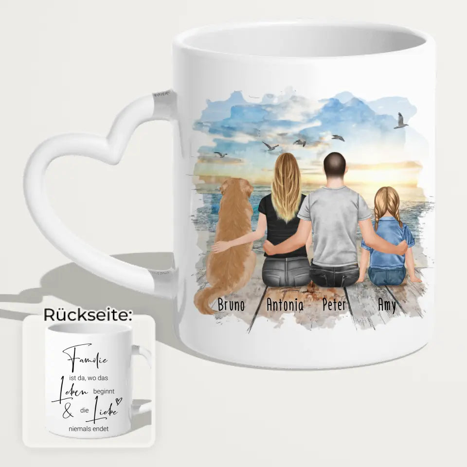 Personalisierte Tasse mit Familie + 1 Hund (1 Kind)