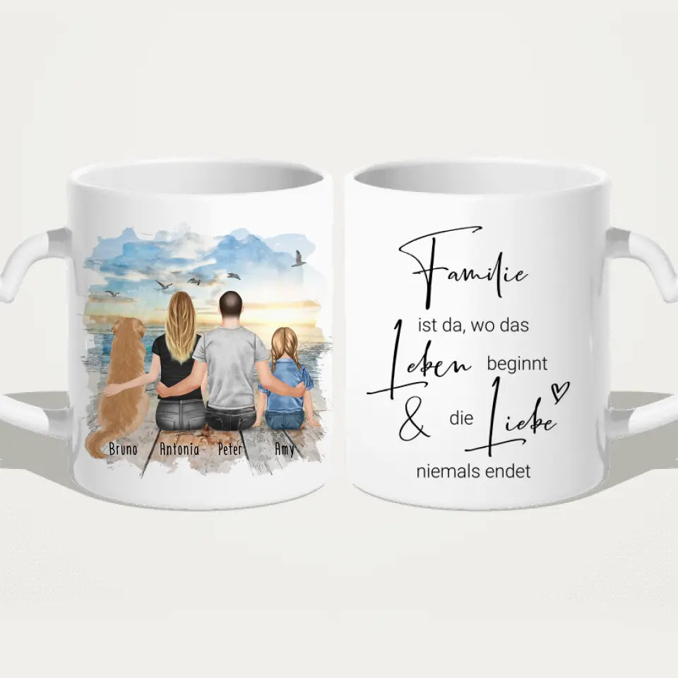 Personalisierte Tasse mit Familie + 1 Hund (1 Kind)