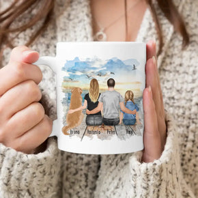 Personalisierte Tasse mit Familie + 1 Hund (1 Kind)