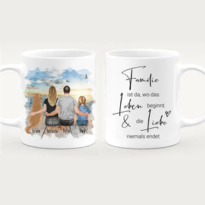 Personalisierte Tasse mit Familie + 1 Hund (1 Kind)