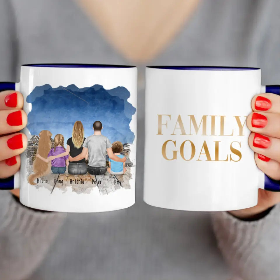 Personalisierte Tasse mit Familie + 1 Hund (1 Baby + 1 Kind)