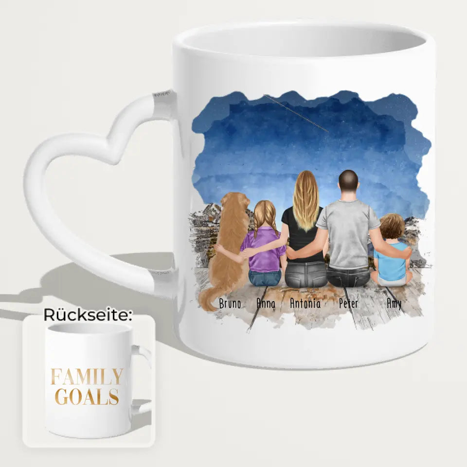 Personalisierte Tasse mit Familie + 1 Hund (1 Baby + 1 Kind)