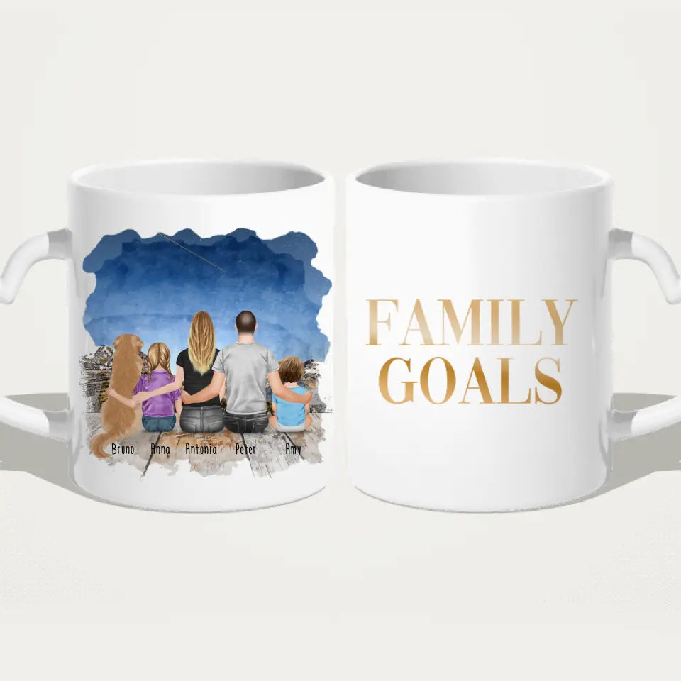 Personalisierte Tasse mit Familie + 1 Hund (1 Baby + 1 Kind)