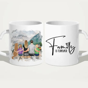 Personalisierte Tasse mit Familie + 1 Hund (2 Kinder)