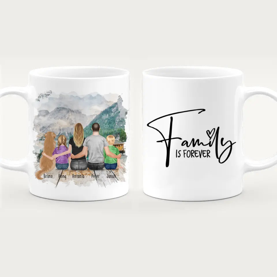 Personalisierte Tasse mit Familie + 1 Hund (2 Kinder)