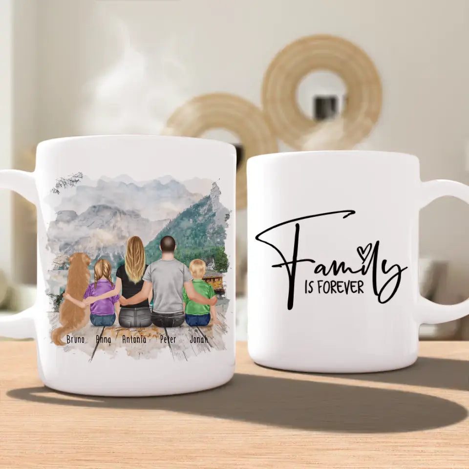 Personalisierte Tasse mit Familie + 1 Hund (2 Kinder)